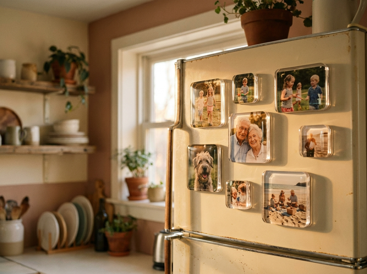 Fridge door covered in clear acrylic photo magnets of family moments