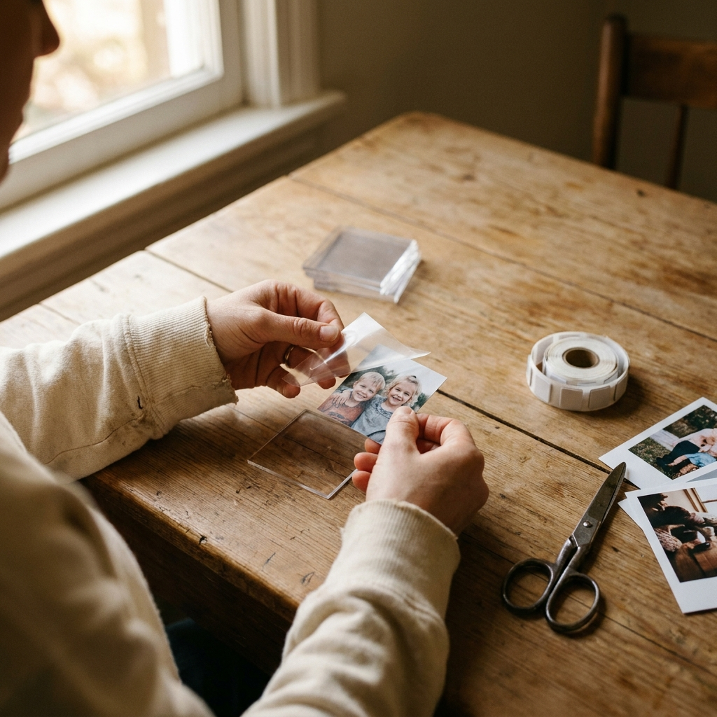 Hands assembling a Kept photo magnet — peel, stick, done