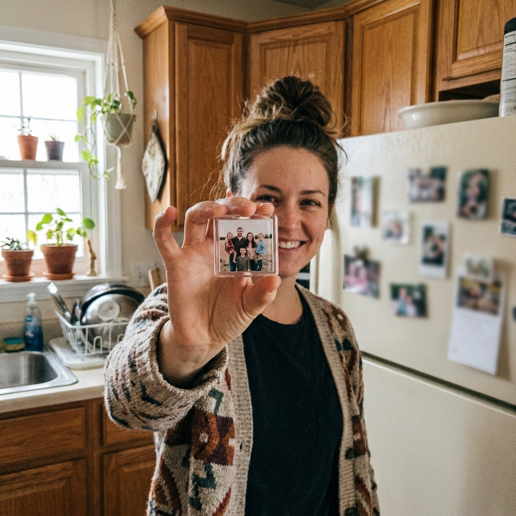Customer-style photo — holding up a finished Kept magnet in the kitchen