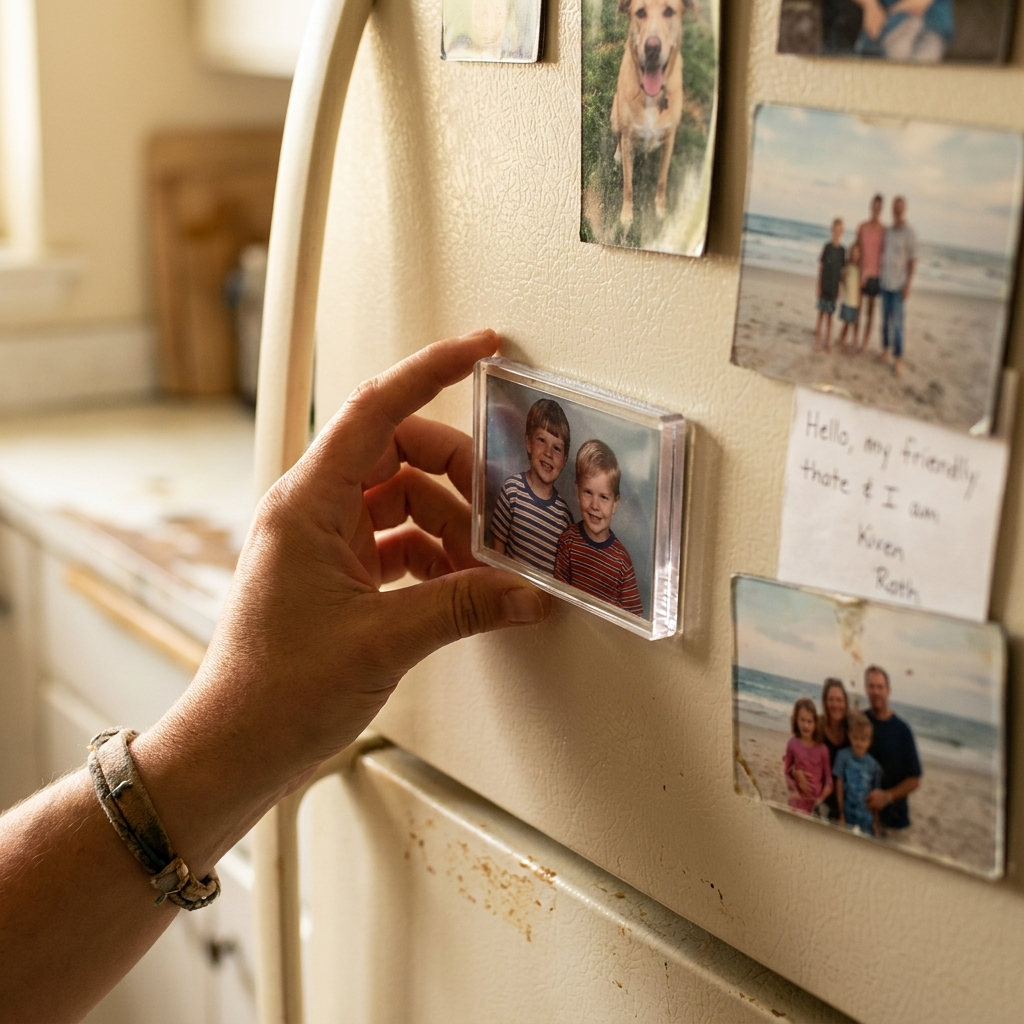 Placing a finished Kept photo magnet on the fridge door