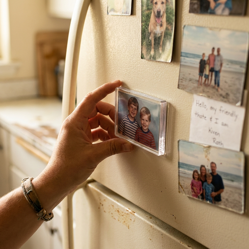 Placing a finished Kept photo magnet on the fridge door