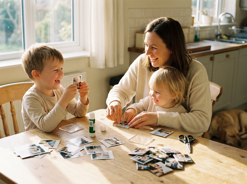 Family making Kept photo magnets together at the kitchen table