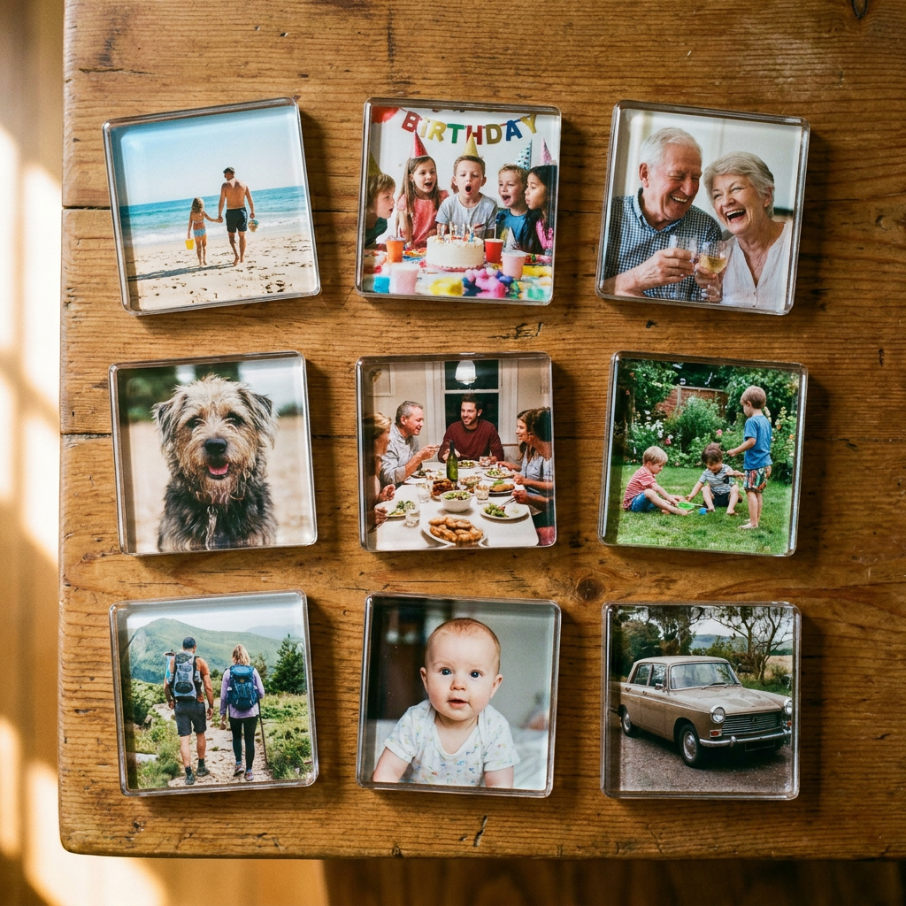 Nine finished Kept photo magnets on a wooden table